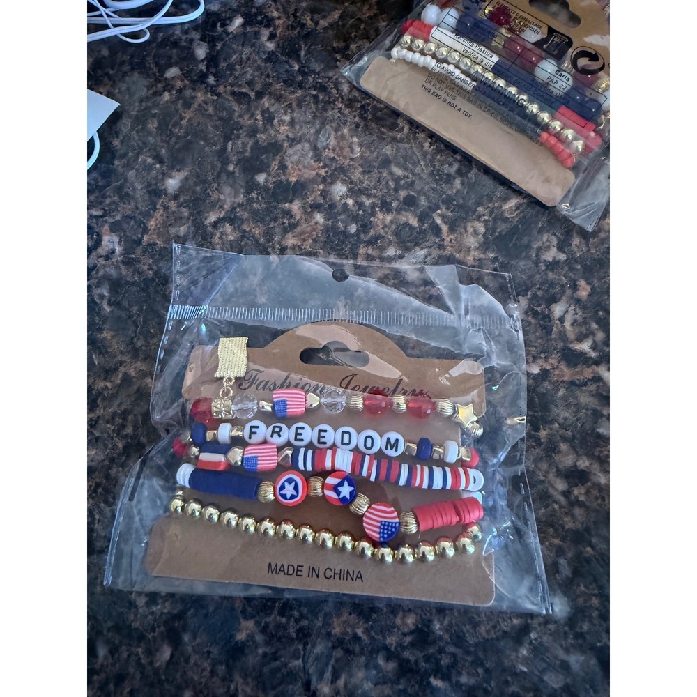 Patriotic Freedom Beaded Bracelet Set USA Flag 4th of July‎ Red White Blue 5pc